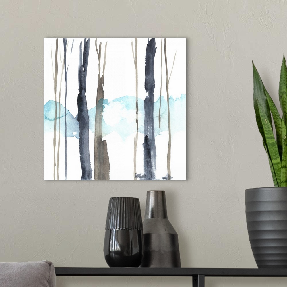 A modern room featuring Square watercolor painting of abstract tree trunks in brown and gray against a white background.