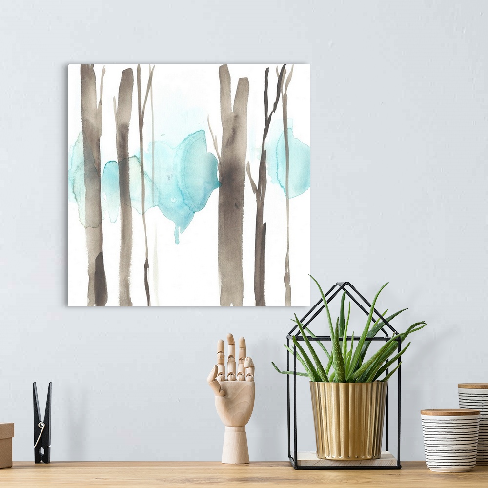 A bohemian room featuring Square watercolor painting of abstract tree trunks in brown against a white background.