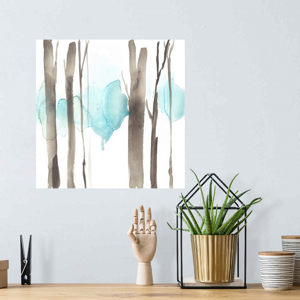 A bohemian room featuring Square watercolor painting of abstract tree trunks in brown against a white background.