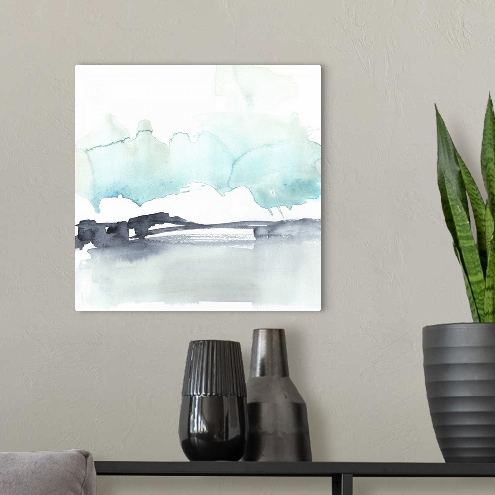 A modern room featuring Square watercolor painting of abstract landscape of snow against a white background.
