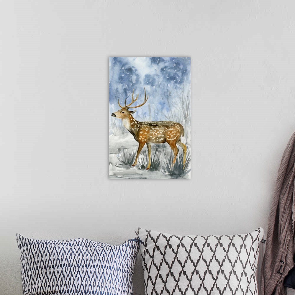 A bohemian room featuring Contemporary watercolor painting of an elk walking outside on a snowy night.