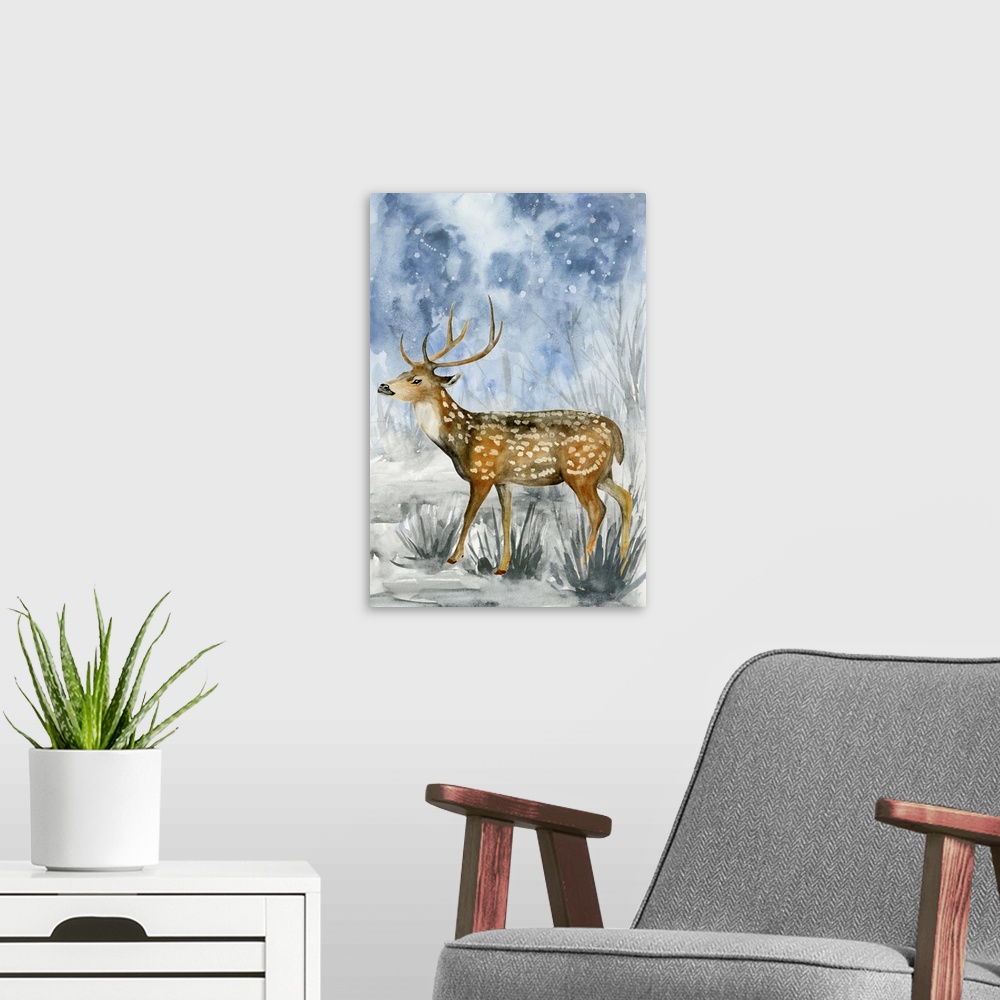 A modern room featuring Contemporary watercolor painting of an elk walking outside on a snowy night.