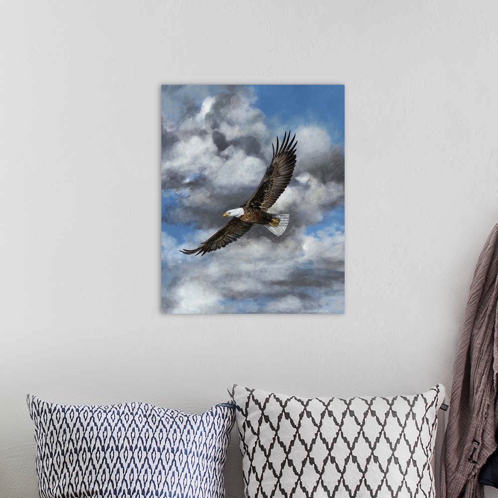 A bohemian room featuring Contemporary painting of a bald eagle in mid flight in blue sky with fluffy clouds.