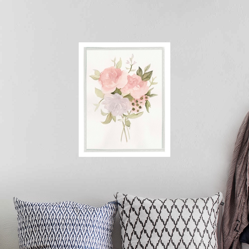 A bohemian room featuring Traditional decorative artwork of roses in a bouquet on a white background bordered with thin gra...