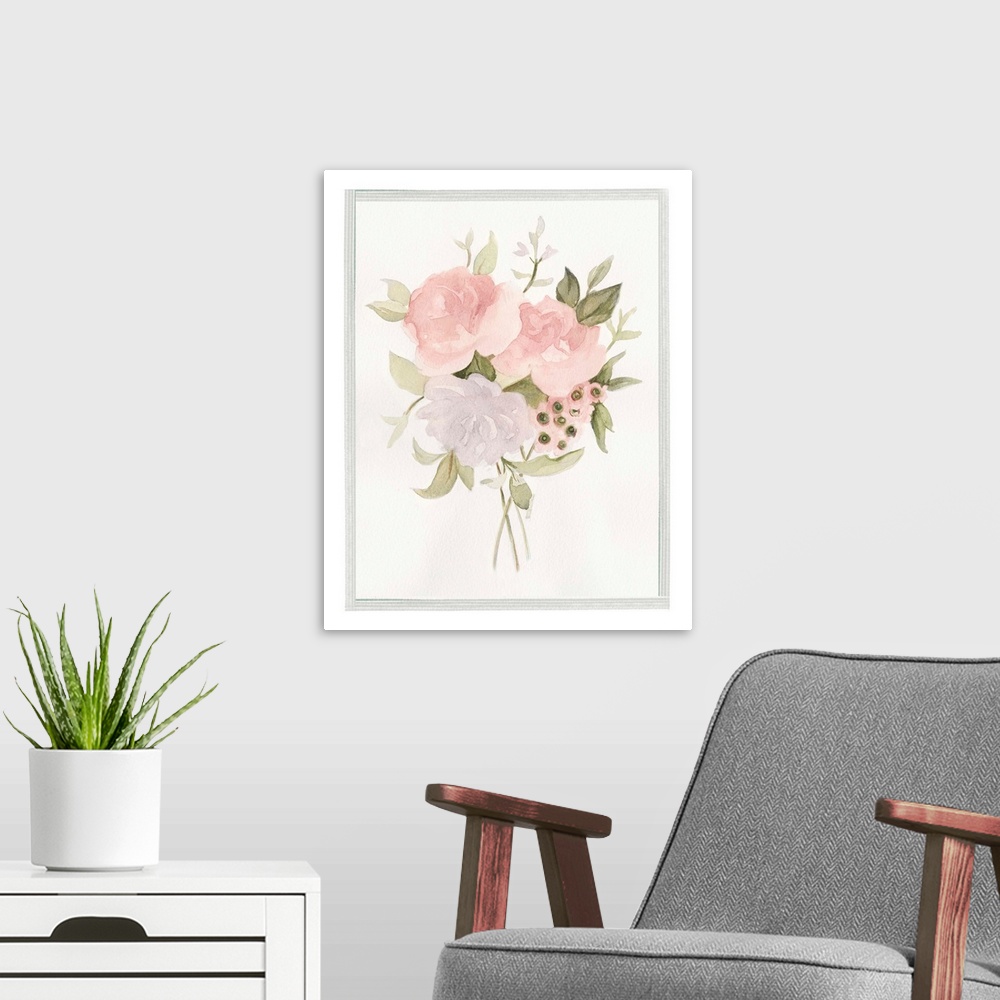 A modern room featuring Traditional decorative artwork of roses in a bouquet on a white background bordered with thin gra...