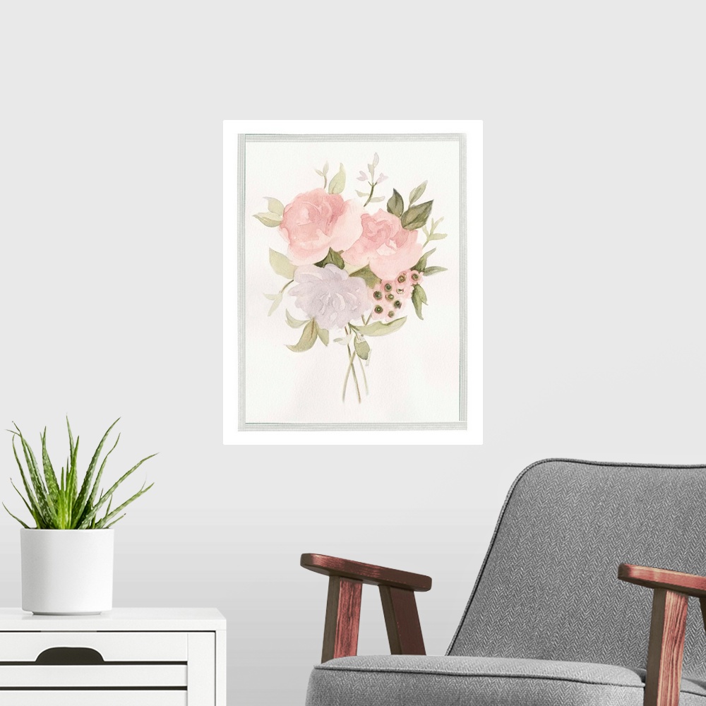 A modern room featuring Traditional decorative artwork of roses in a bouquet on a white background bordered with thin gra...