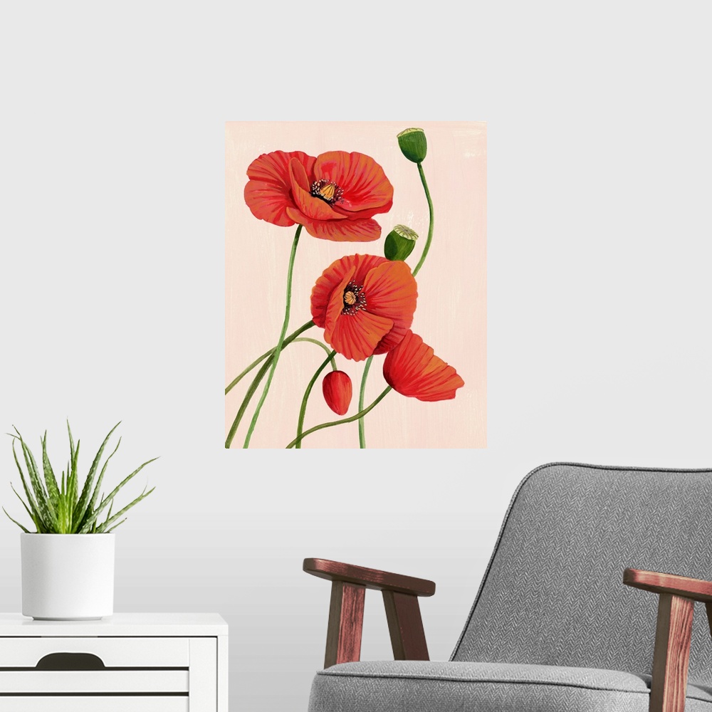 A modern room featuring Soft Coral Poppies I