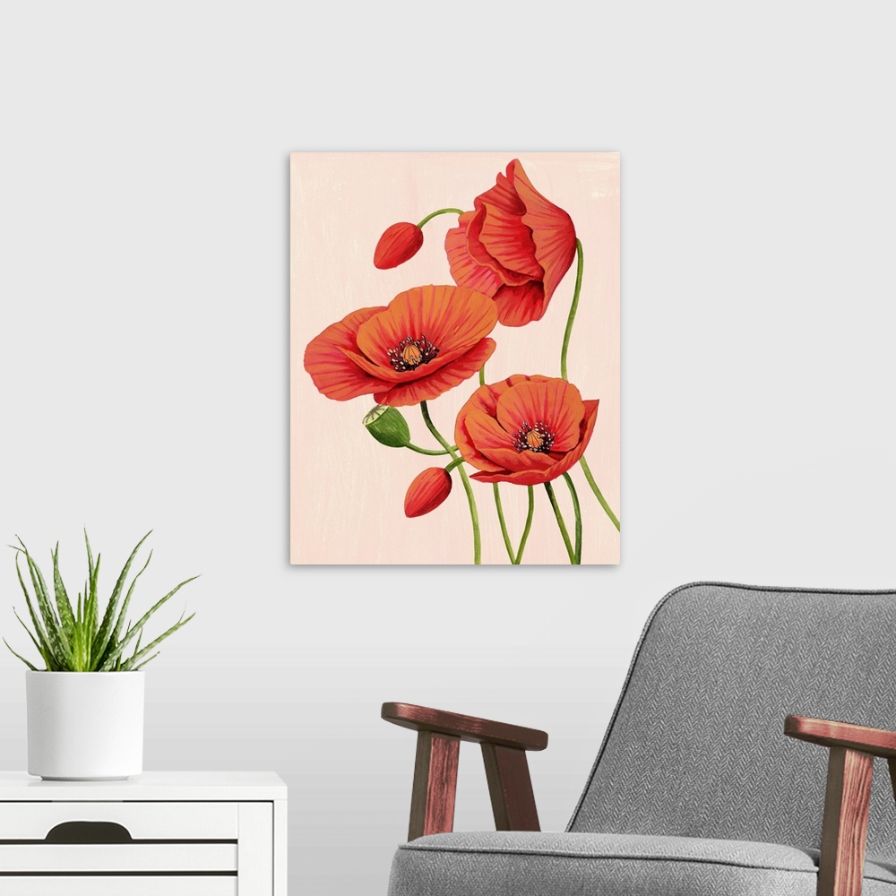 A modern room featuring Soft Coral Poppies II