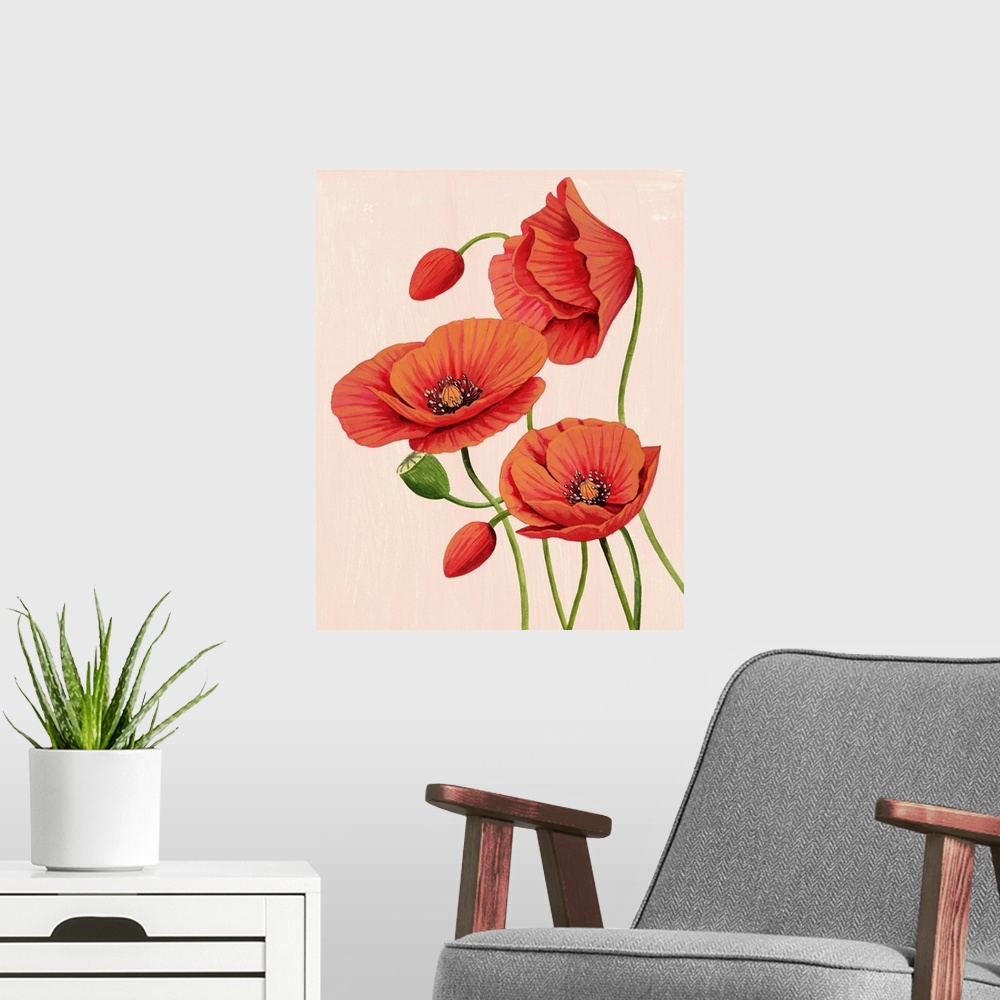 A modern room featuring Soft Coral Poppies II