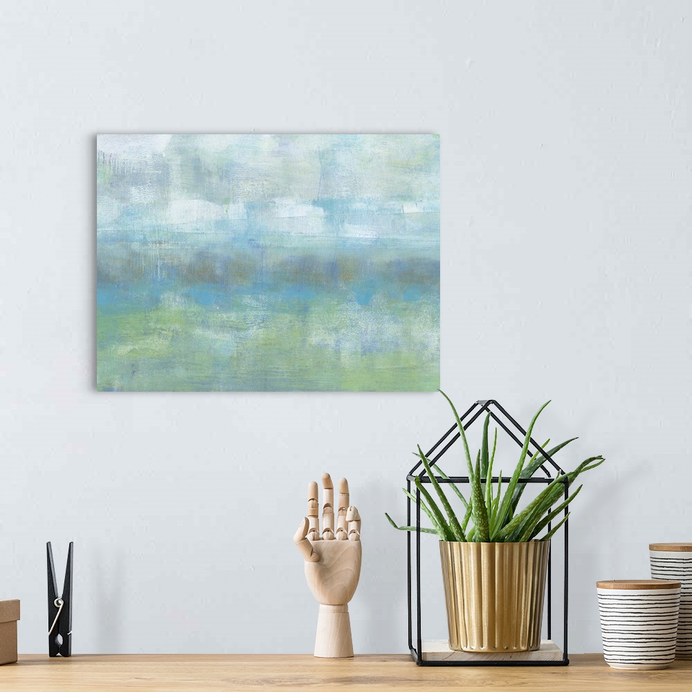 A bohemian room featuring Contemporary abstract painting using green and blue tones to create what looks like a blanket of ...
