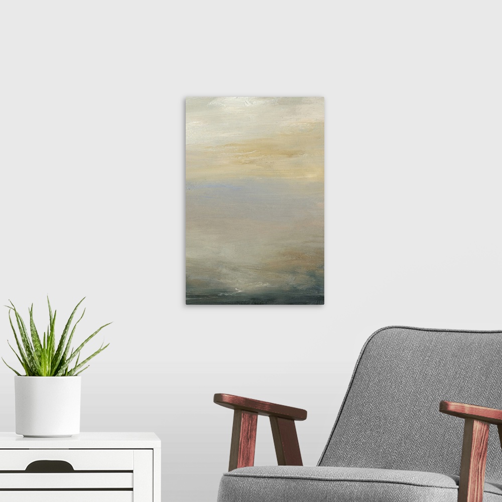 A modern room featuring Contemporary landscape painting in soft, muted shades of tan and indigo.