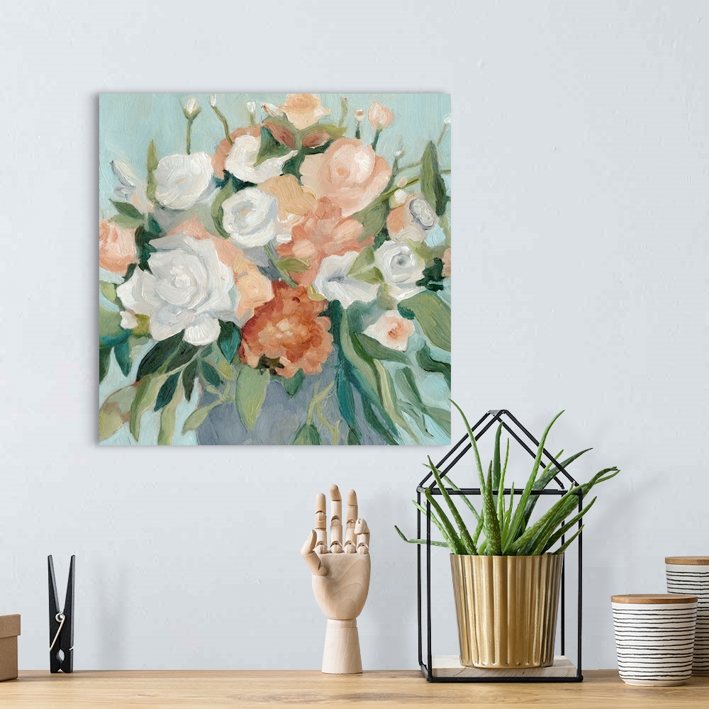 A bohemian room featuring Square painting of a bouquet of soft pastel colored flowers against a pale blue backdrop.
