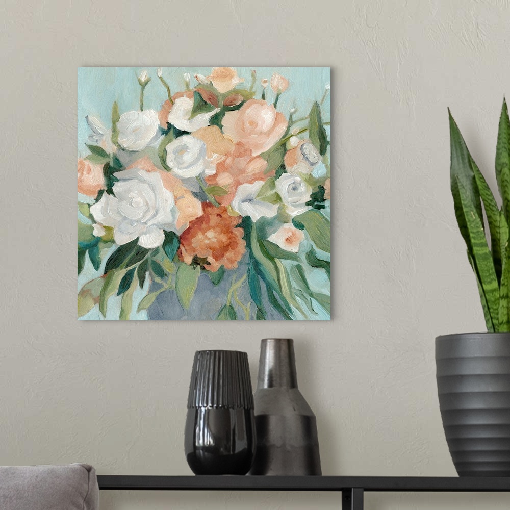 A modern room featuring Square painting of a bouquet of soft pastel colored flowers against a pale blue backdrop.