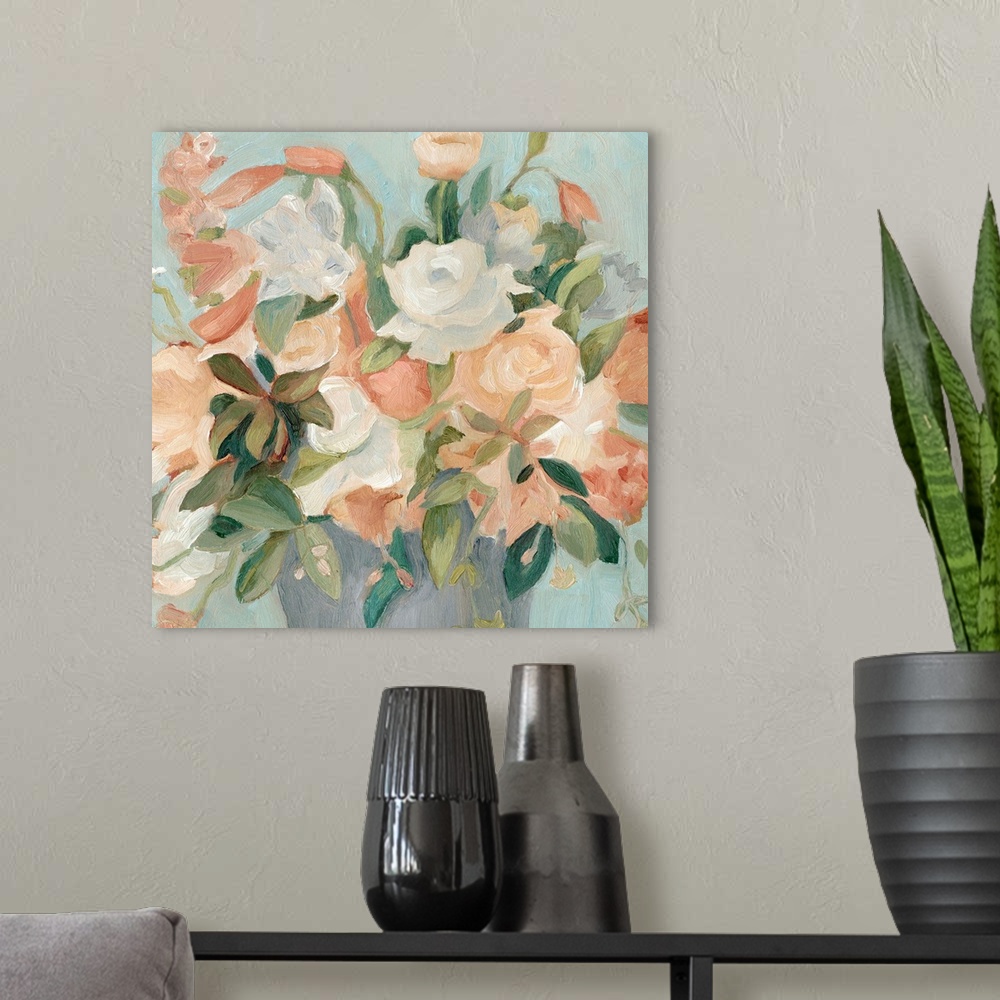A modern room featuring Square painting of a bouquet of soft pastel colored flowers against a pale blue backdrop.