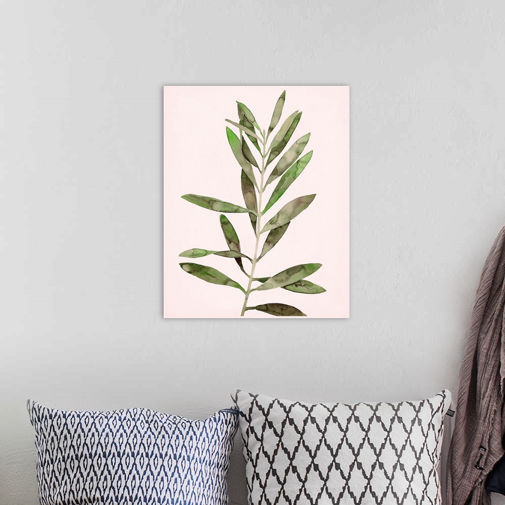 A bohemian room featuring Contemporary painting of watercolor leaves on a pale pink background.