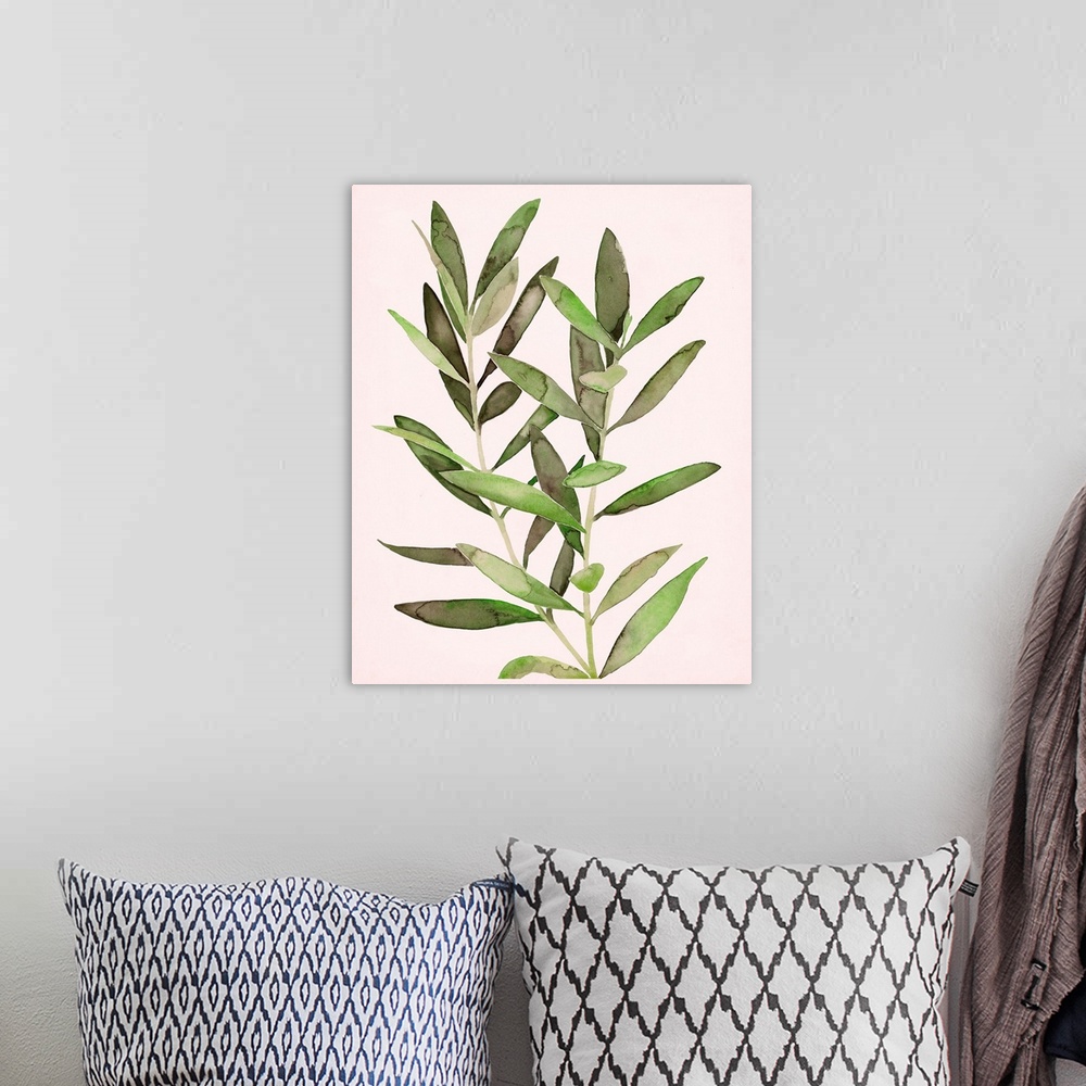 A bohemian room featuring Contemporary painting of watercolor leaves on a pale pink background.