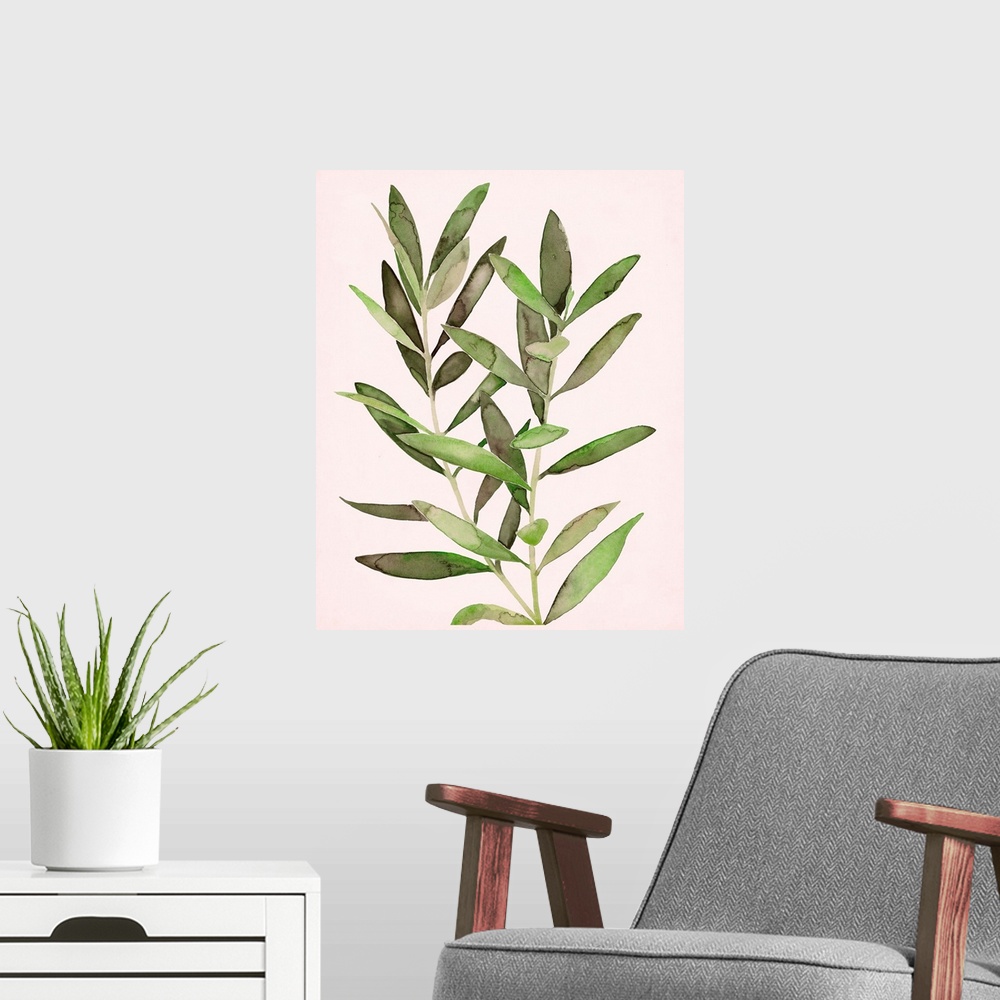 A modern room featuring Contemporary painting of watercolor leaves on a pale pink background.