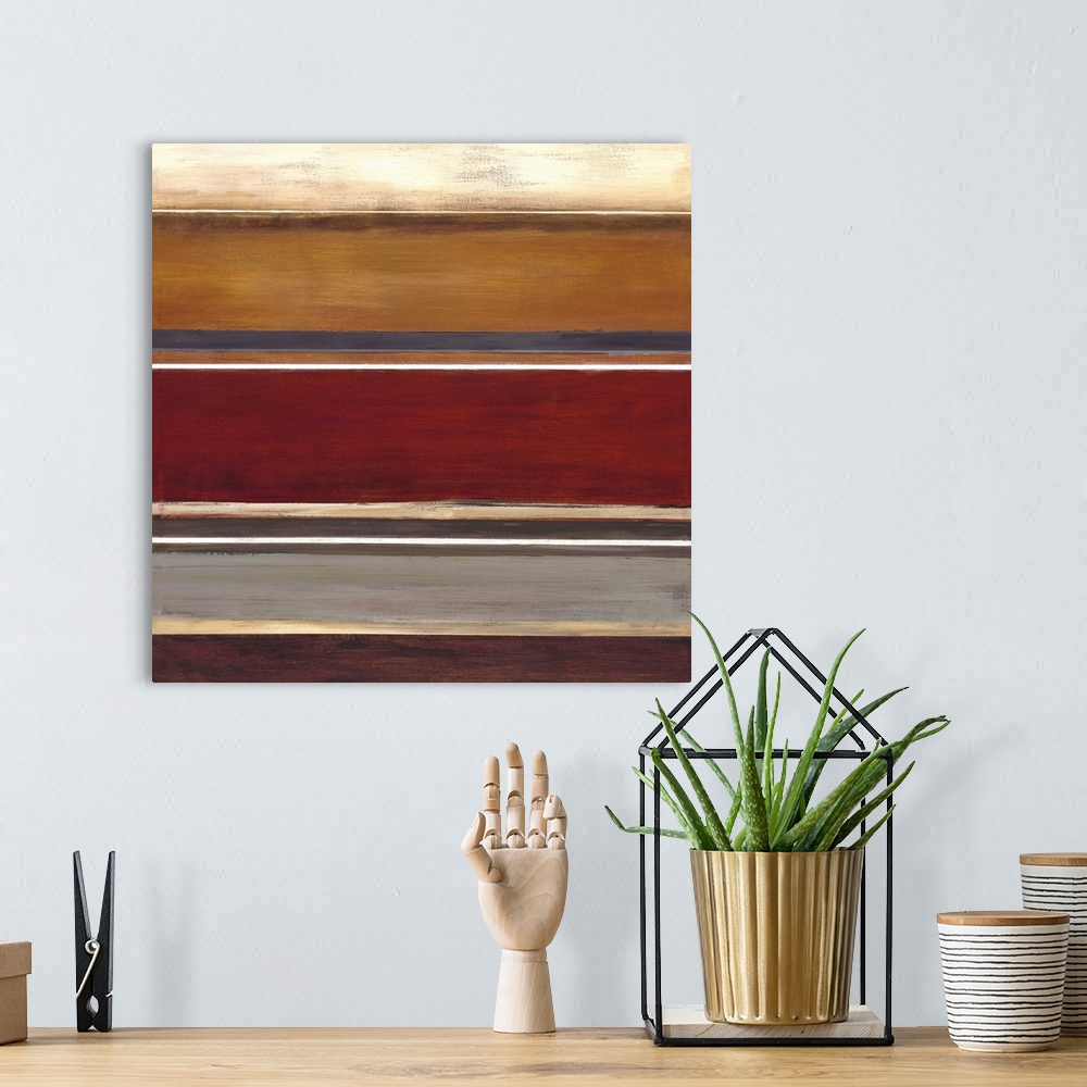 A bohemian room featuring Contemporary earthy toned abstract painting of horizontal stripes in different widths.
