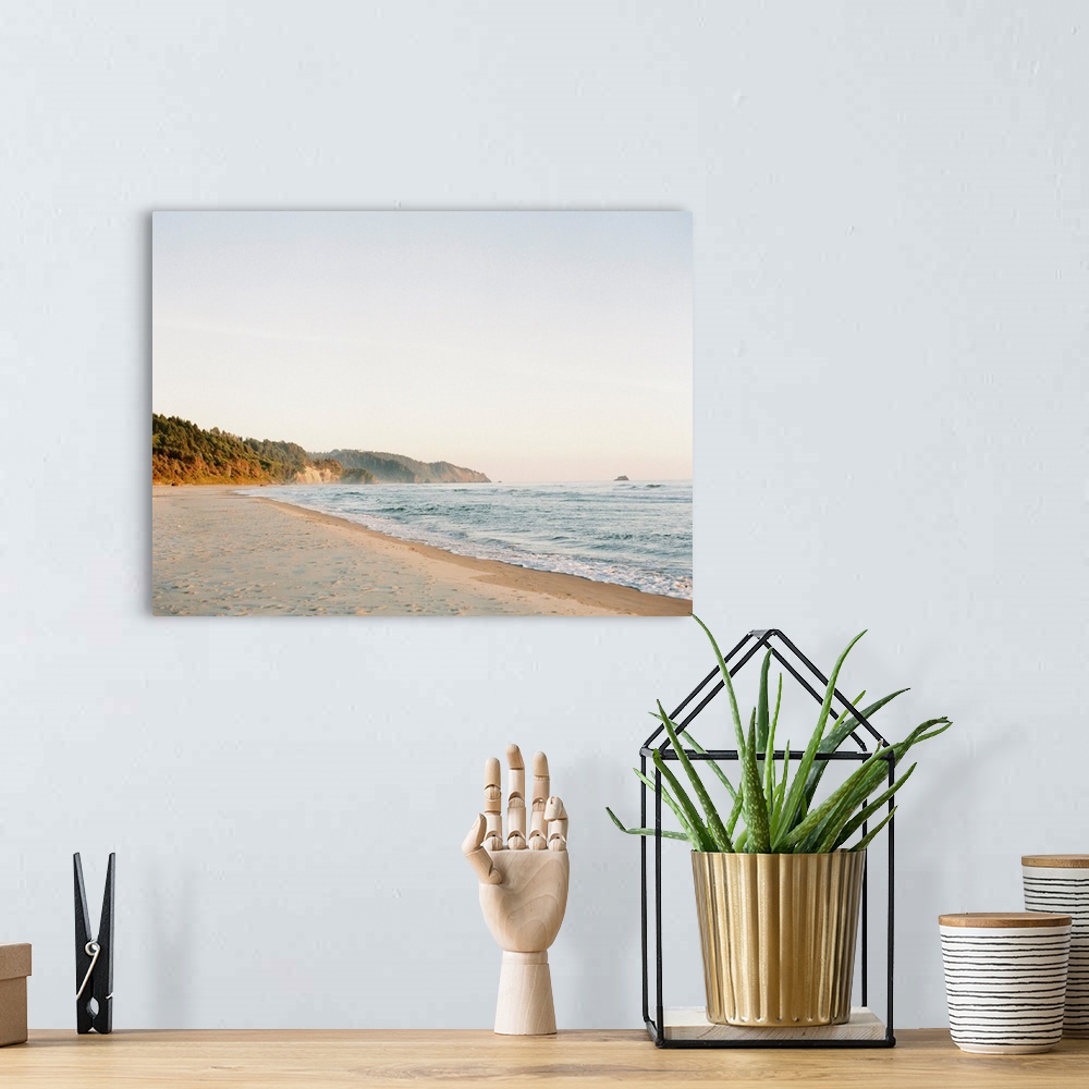 A bohemian room featuring Photograph of gentle waves lapping a sandy beach.