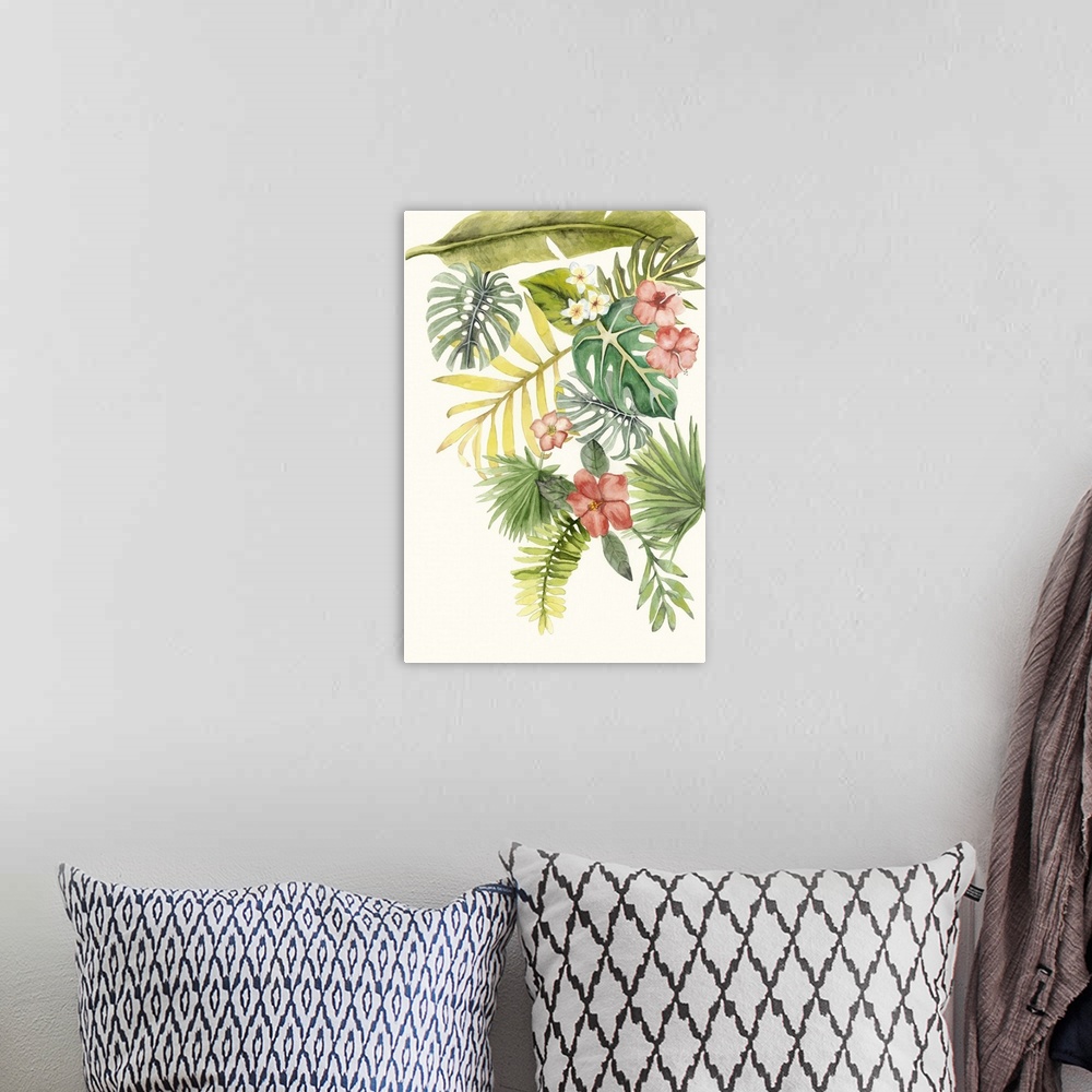 A bohemian room featuring Watercolor painting of a collection of tropical leaves and flowers.
