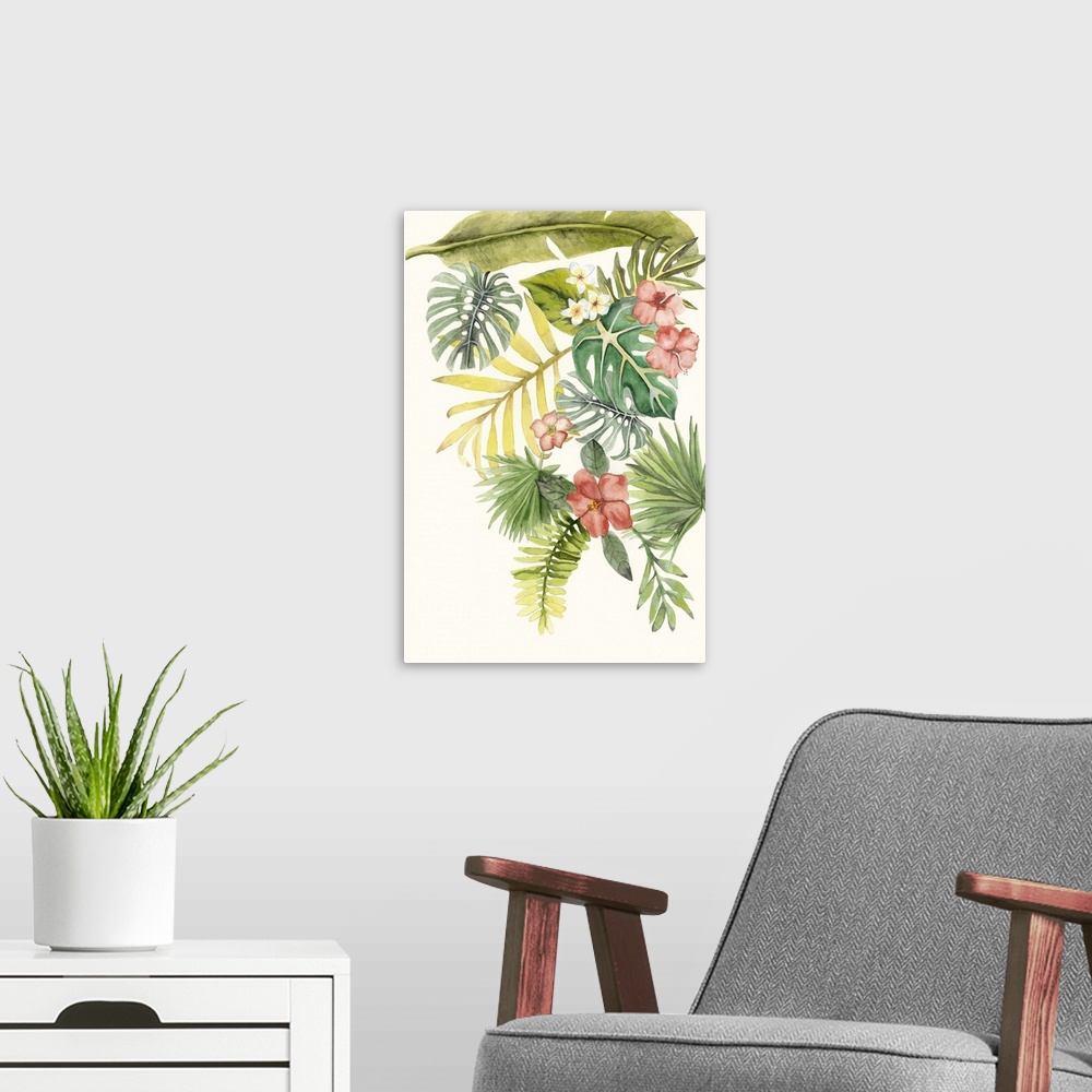 A modern room featuring Watercolor painting of a collection of tropical leaves and flowers.