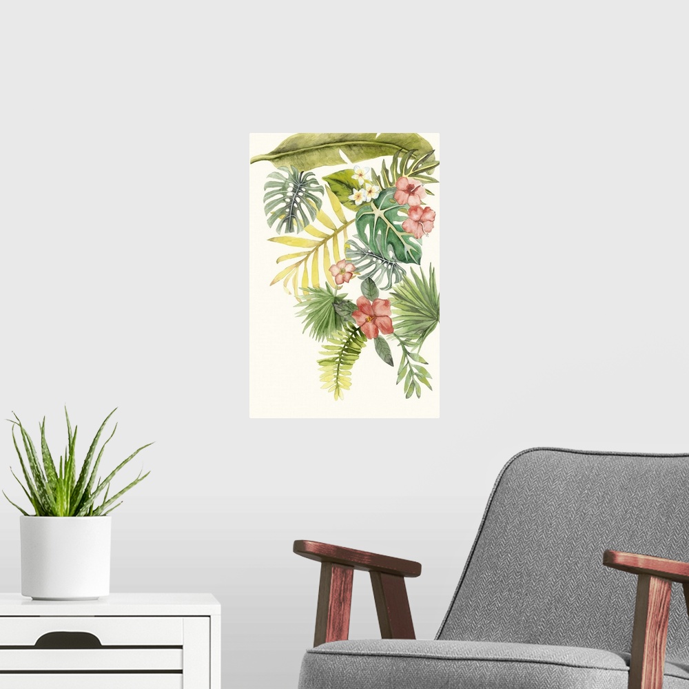 A modern room featuring Watercolor painting of a collection of tropical leaves and flowers.