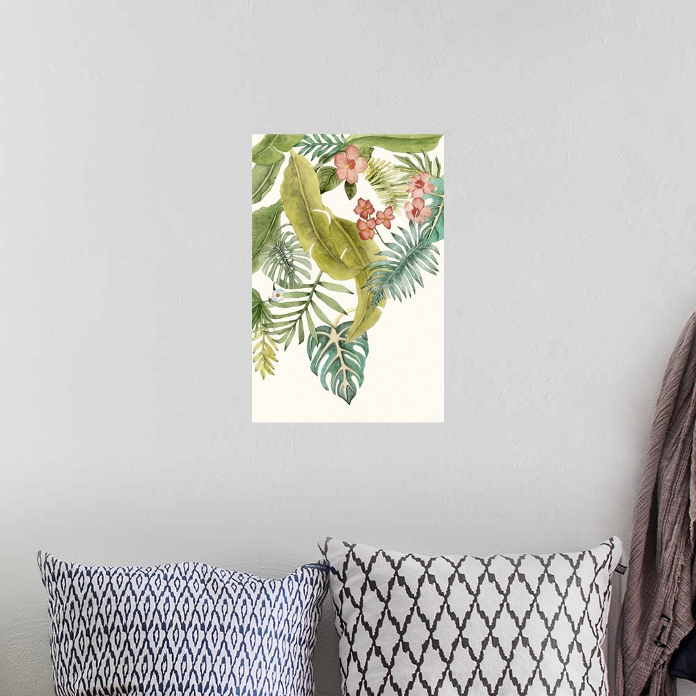 A bohemian room featuring Watercolor painting of a collection of tropical leaves and flowers.