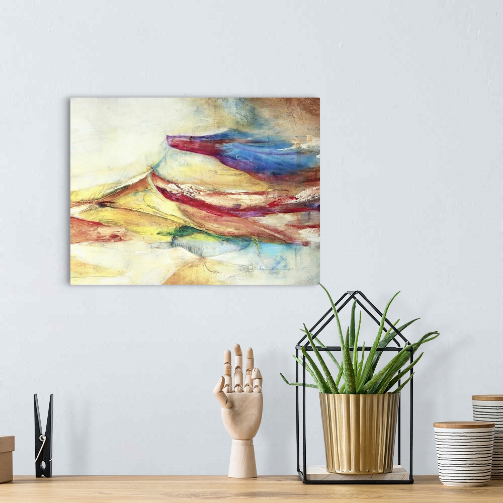 A bohemian room featuring Waves of bright color float across this artwork like currents in a sea with distressed texture th...