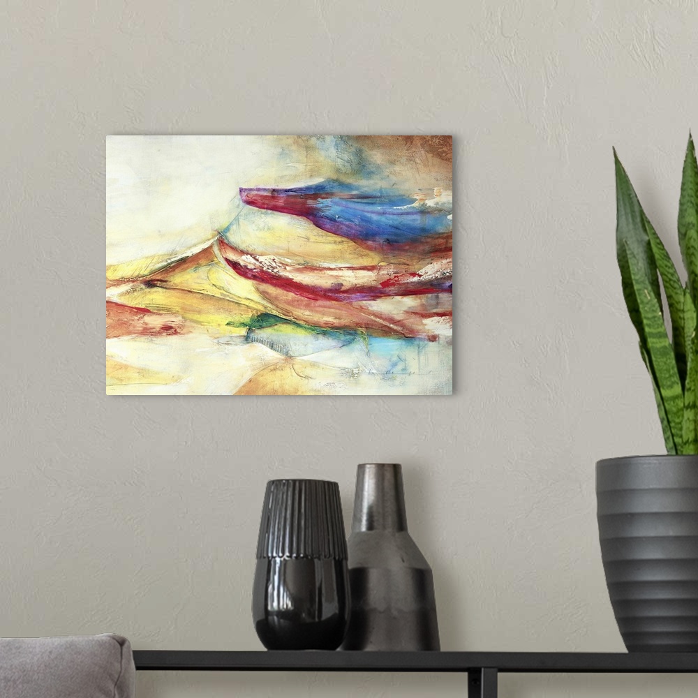 A modern room featuring Waves of bright color float across this artwork like currents in a sea with distressed texture th...