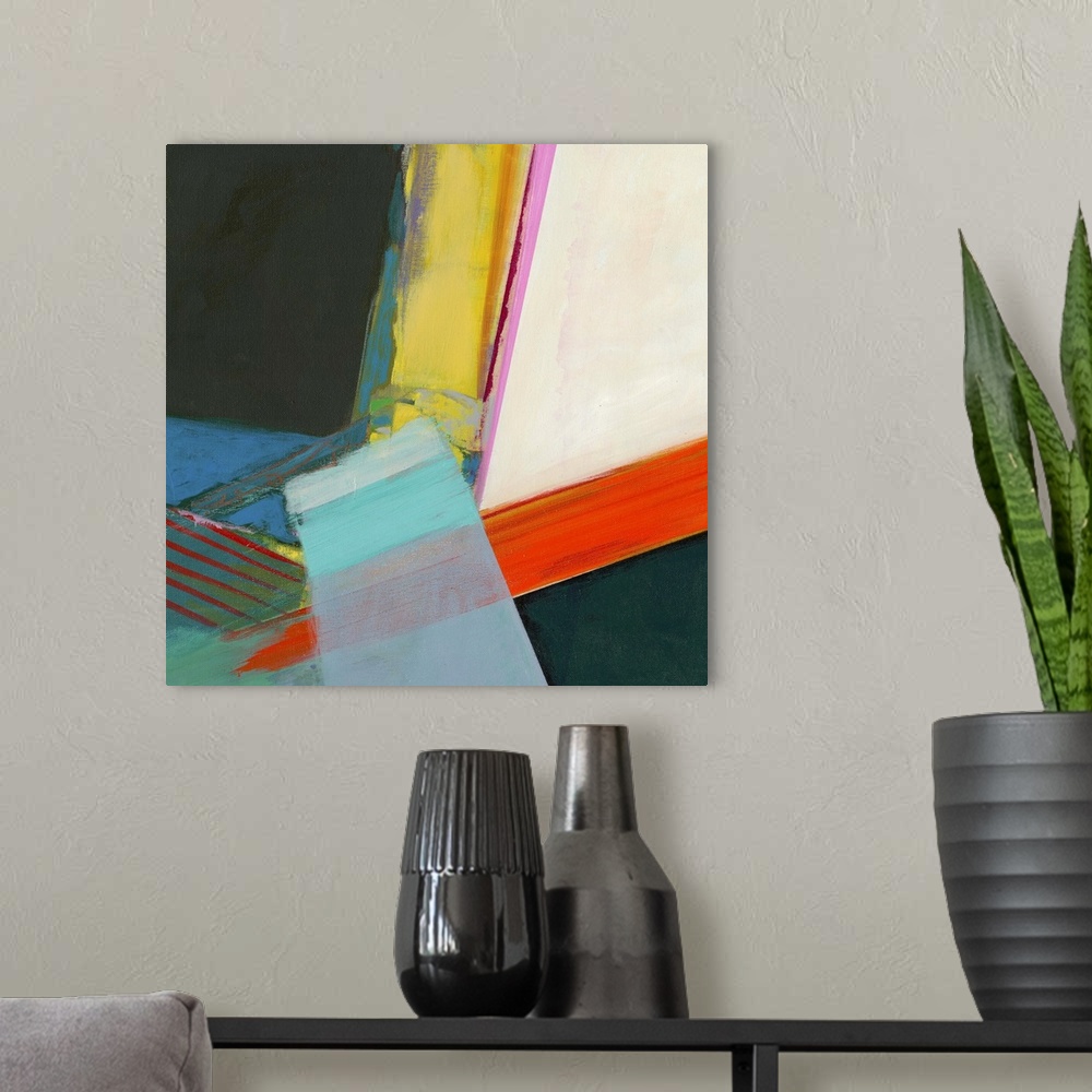 A modern room featuring Abstract artwork with bright sections of color.