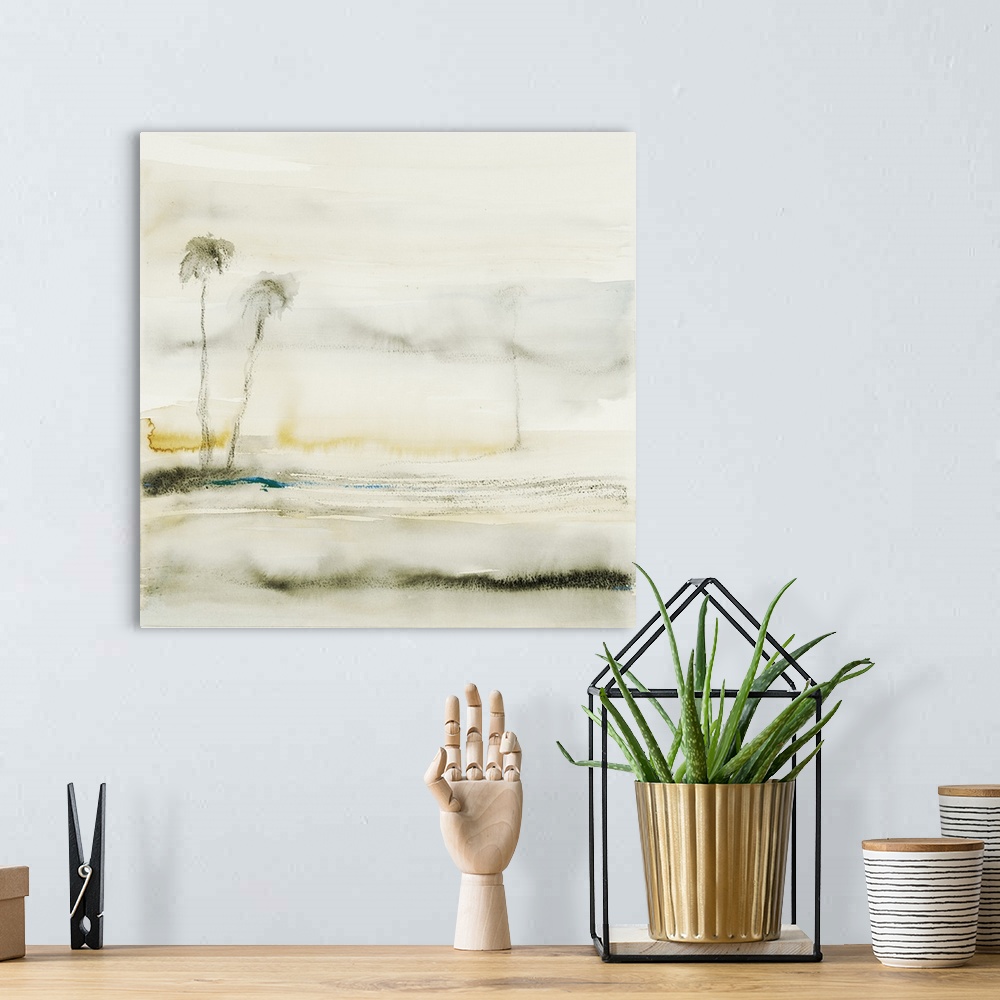 A bohemian room featuring Contemporary painting of delicate palm trees on the horizon in a pale beige landscape.