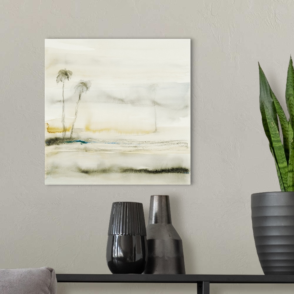 A modern room featuring Contemporary painting of delicate palm trees on the horizon in a pale beige landscape.