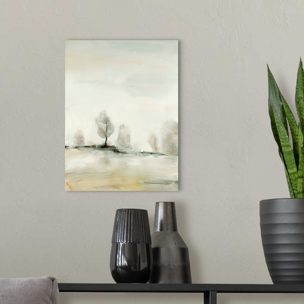 A modern room featuring Contemporary landscape art print in neutral colors, with trees on the horizon line.