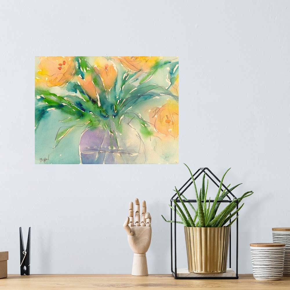A bohemian room featuring Watercolor painting of bright yellow flowers in a vase.