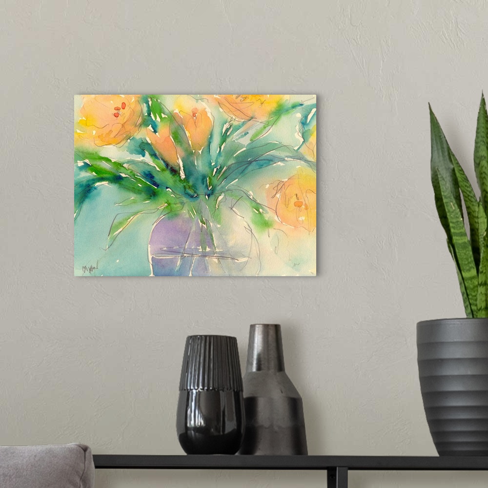A modern room featuring Watercolor painting of bright yellow flowers in a vase.