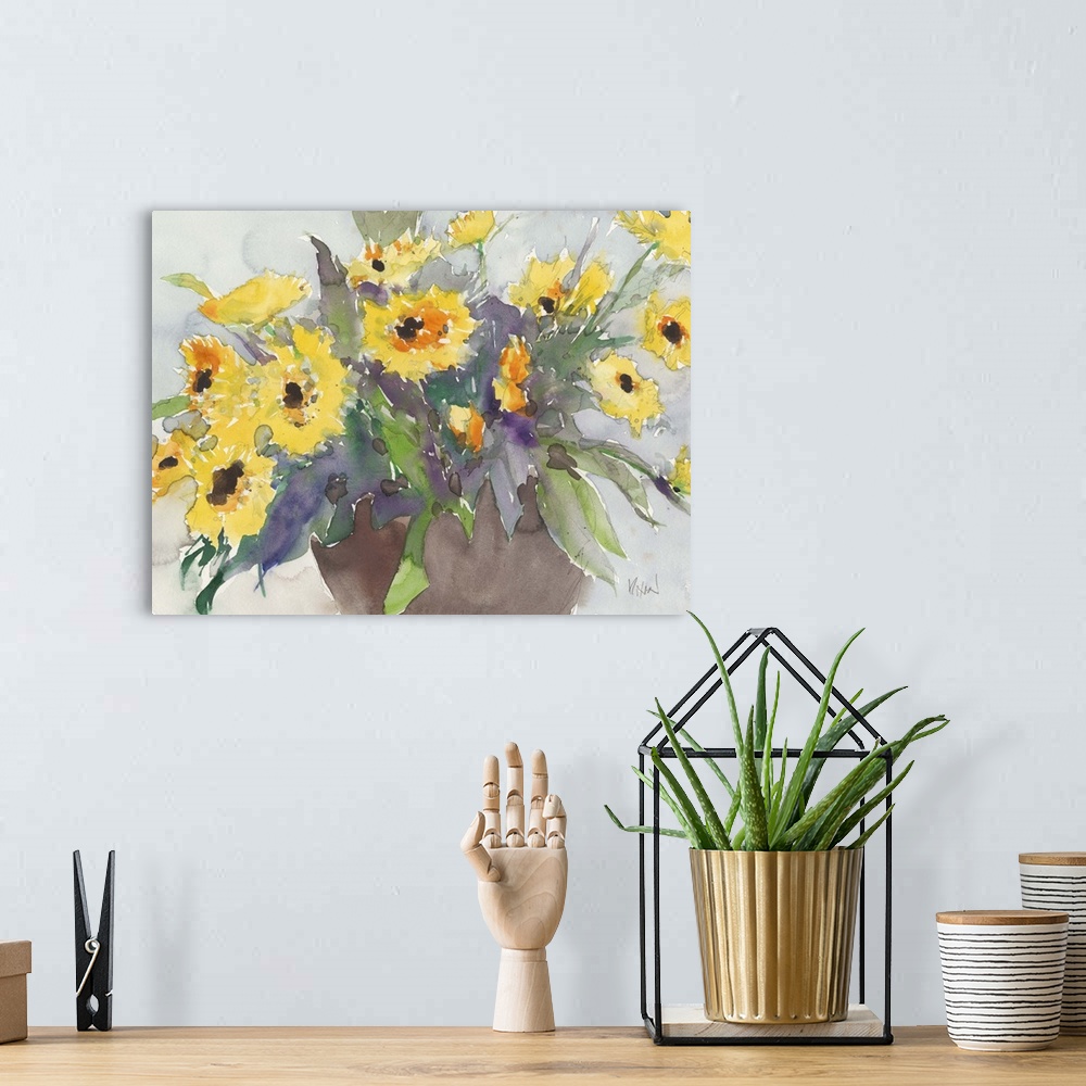 A bohemian room featuring Watercolor painting of bright yellow daisies in a vase.