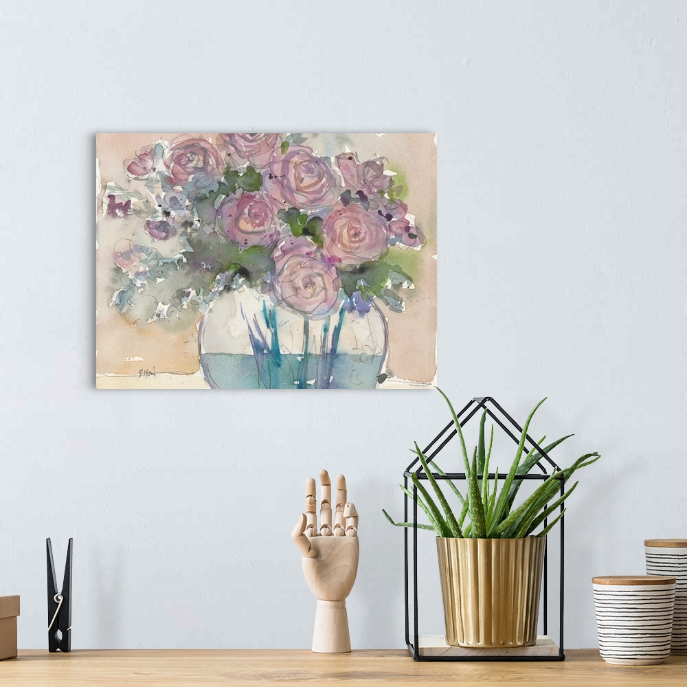 A bohemian room featuring Watercolor painting of bright purple flowers in a glass vase.