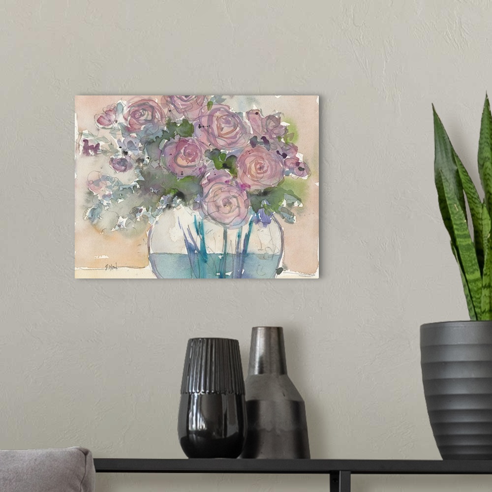 A modern room featuring Watercolor painting of bright purple flowers in a glass vase.