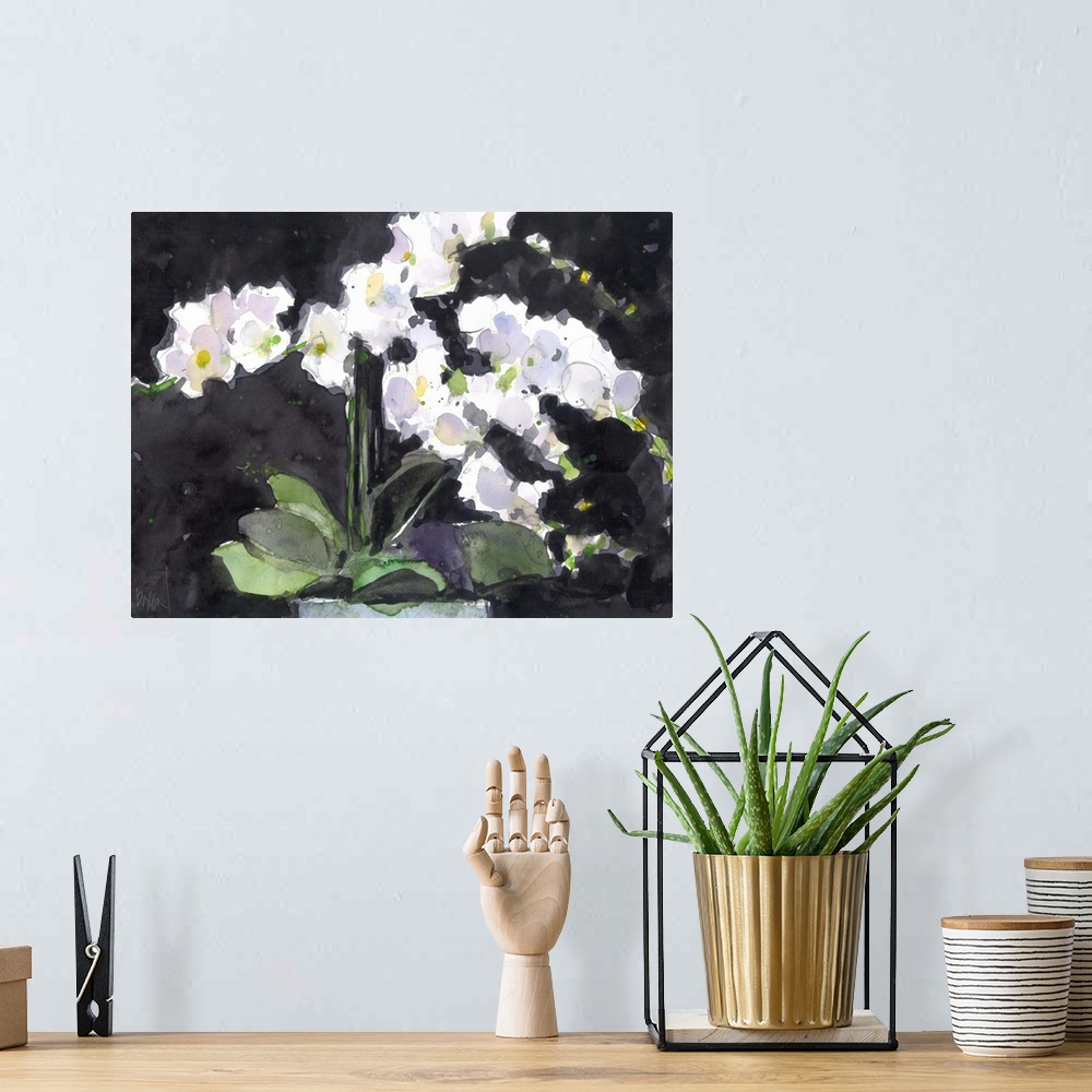 A bohemian room featuring Watercolor painting of white orchids in a vase.
