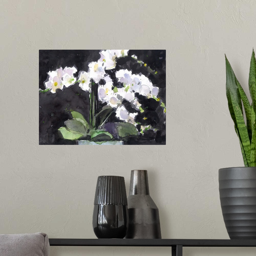 A modern room featuring Watercolor painting of white orchids in a vase.