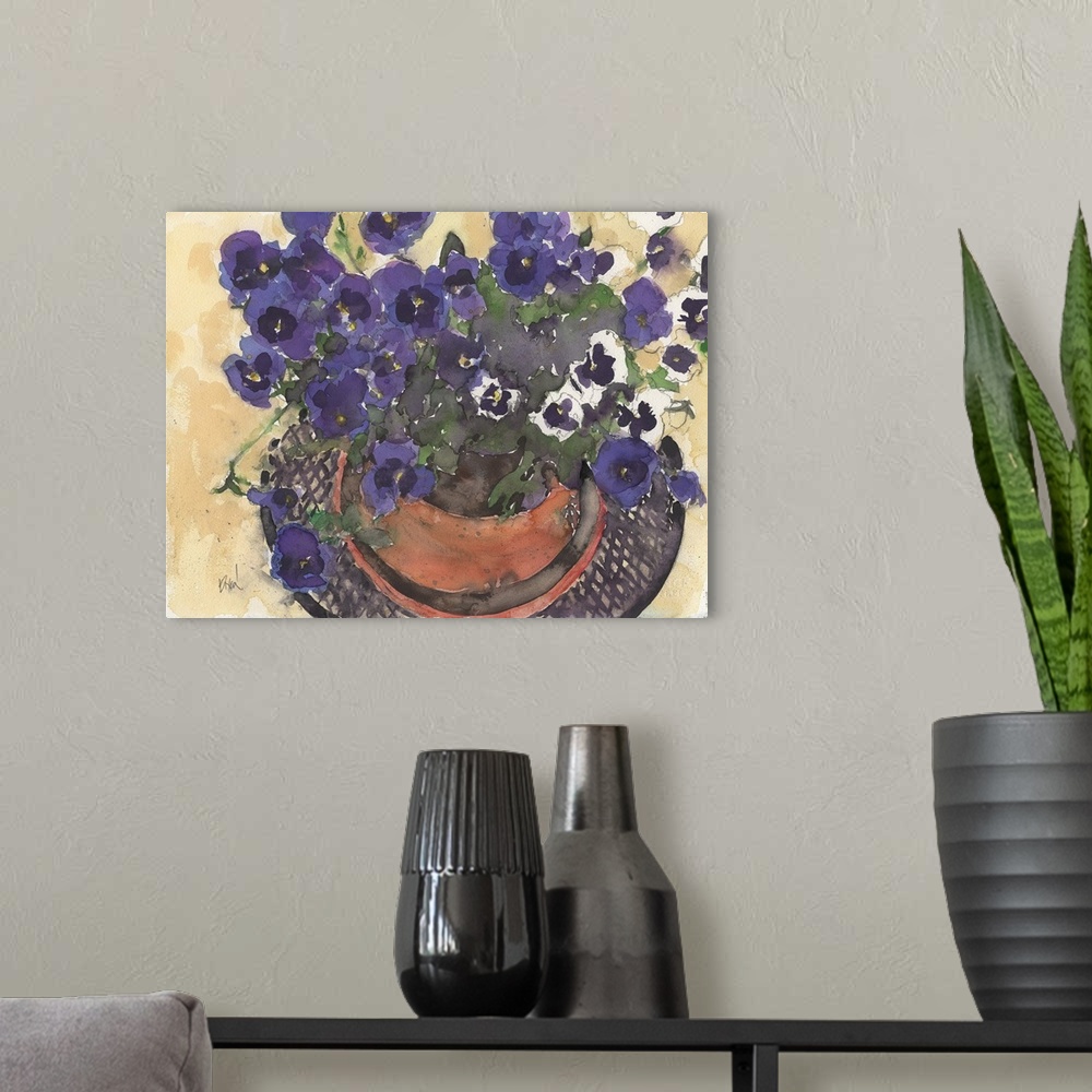 A modern room featuring Watercolor painting of bright purple pansies in a pot.