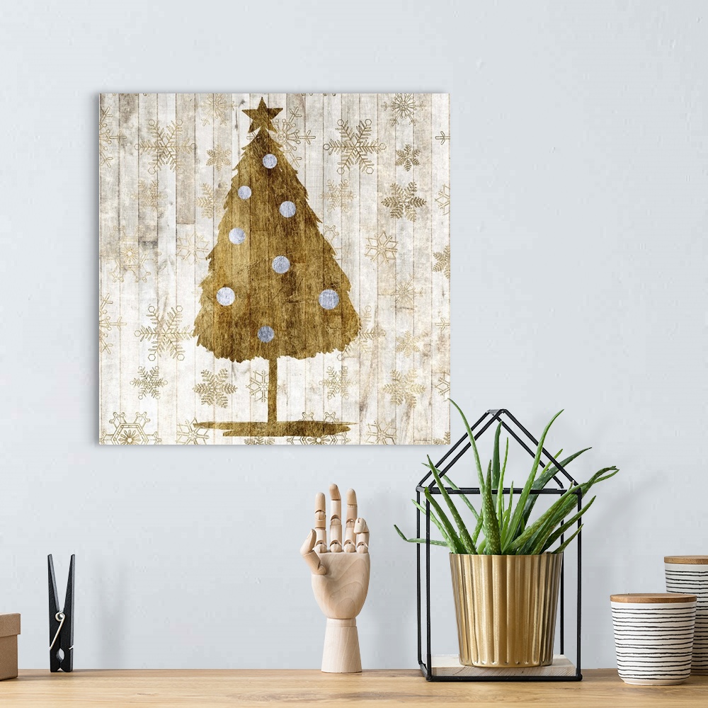 A bohemian room featuring Contemporary Christmas decor of a tree in gold tones.