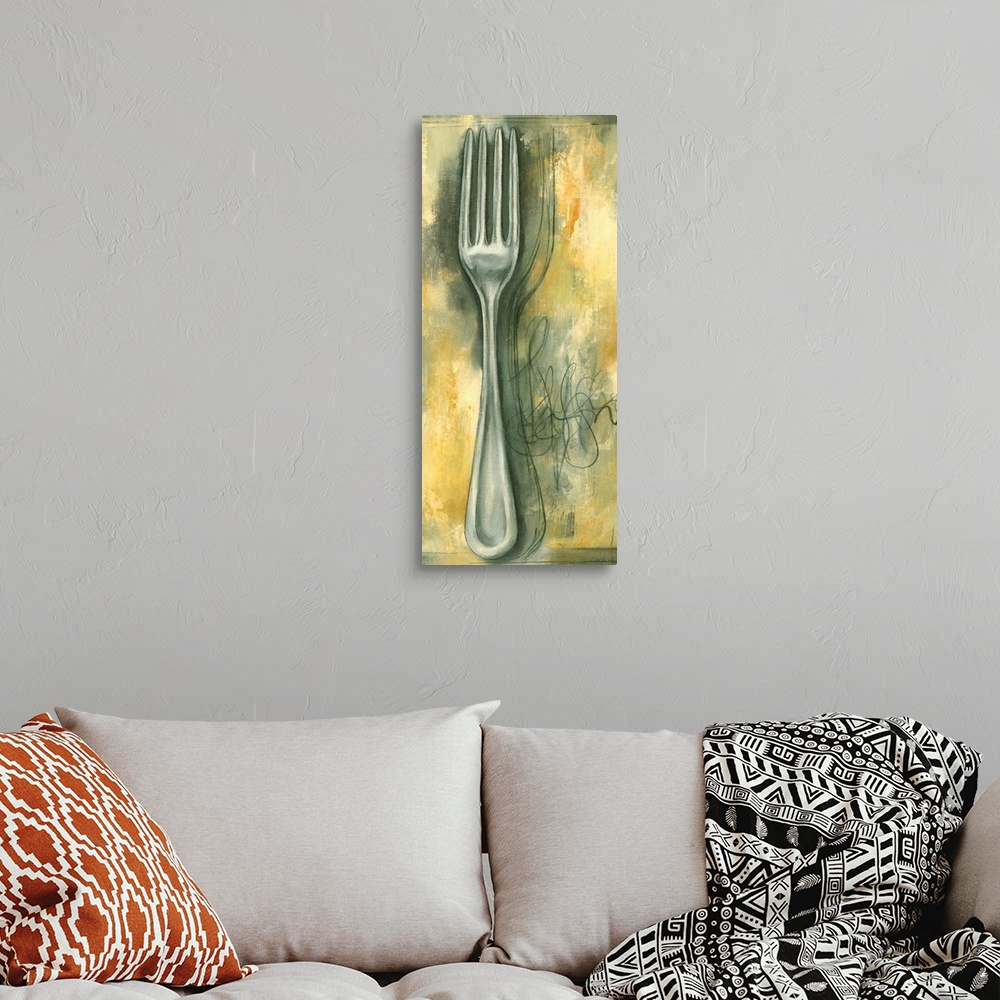 A bohemian room featuring Portrait artwork on a large canvas of a fork resting on a multicolored surface, the artists signa...