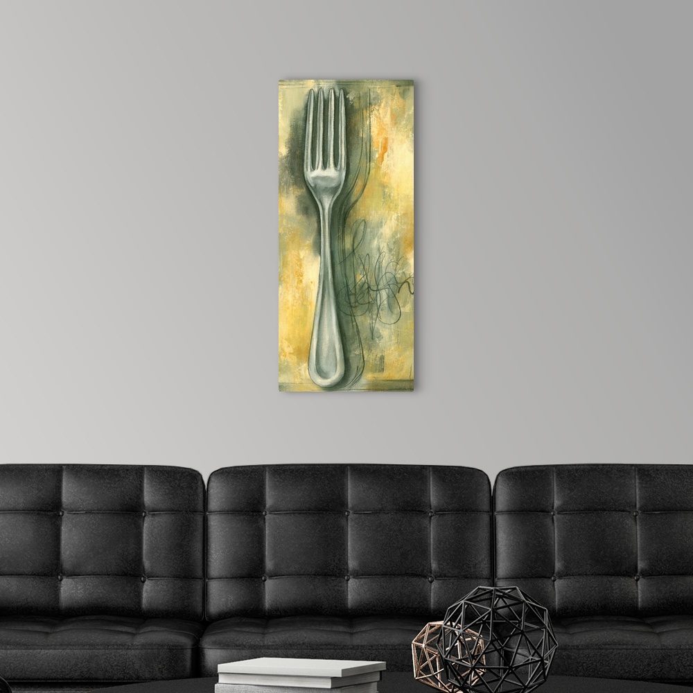 A modern room featuring Portrait artwork on a large canvas of a fork resting on a multicolored surface, the artists signa...