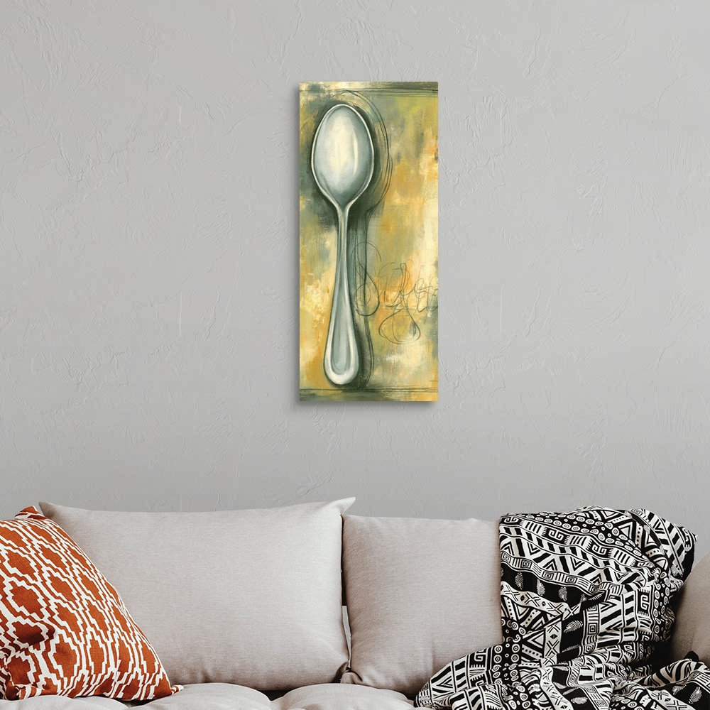 A bohemian room featuring Tall painting of a spoon against an abstract background.