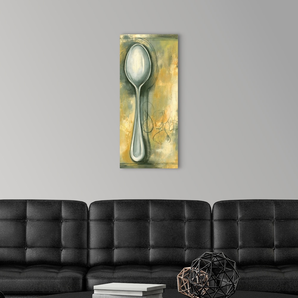 A modern room featuring Tall painting of a spoon against an abstract background.