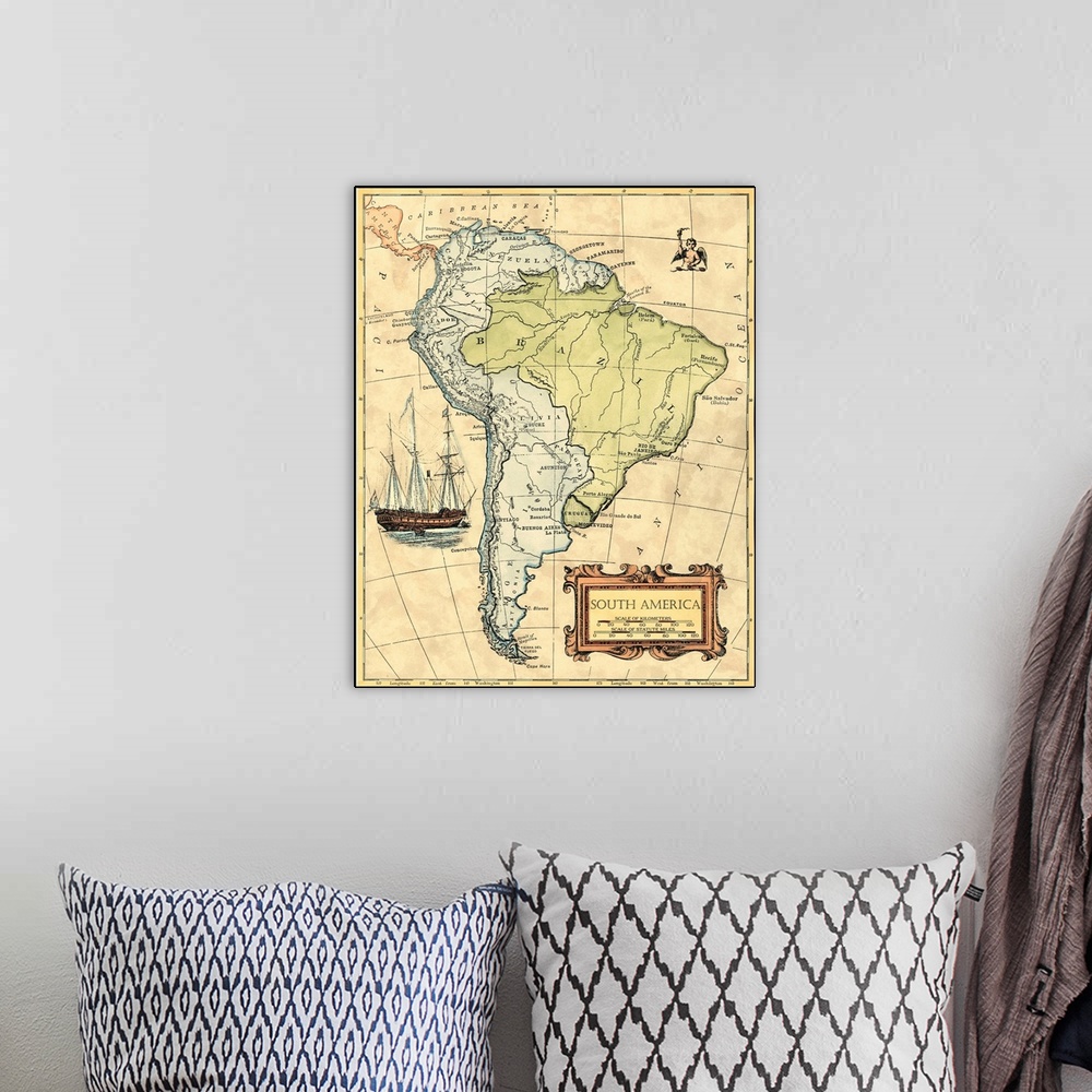 A bohemian room featuring South America Map