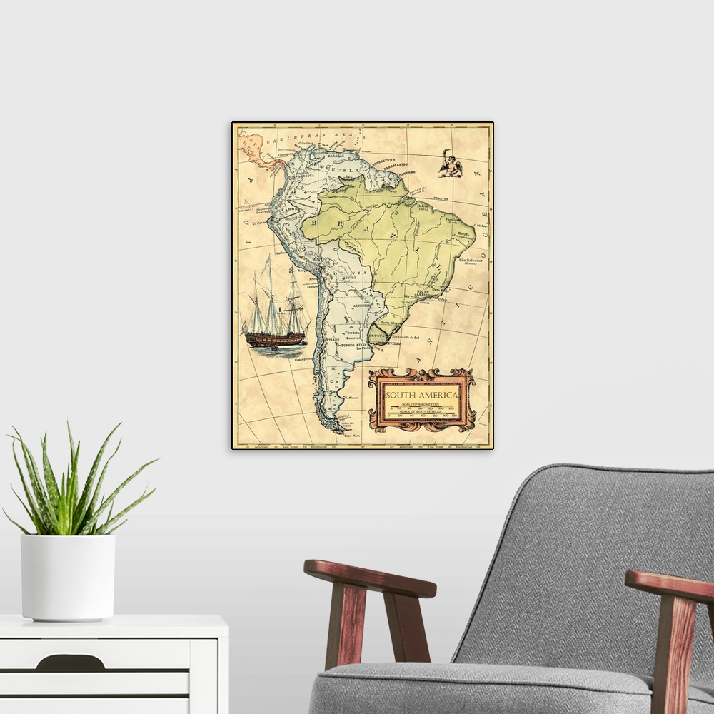 A modern room featuring South America Map