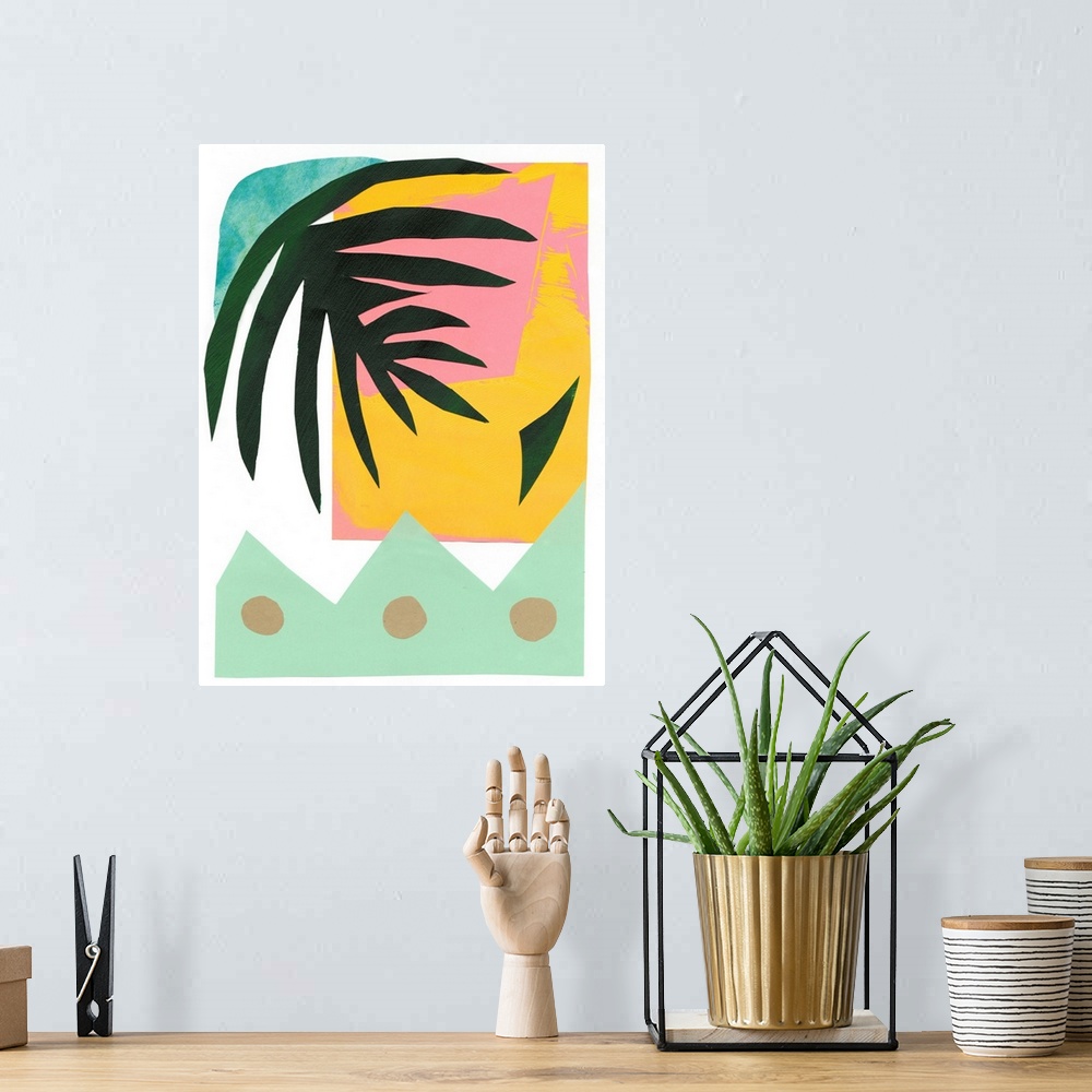 A bohemian room featuring Tropical cut paper abstract art with a modern vibe and a dark green leaf motif.