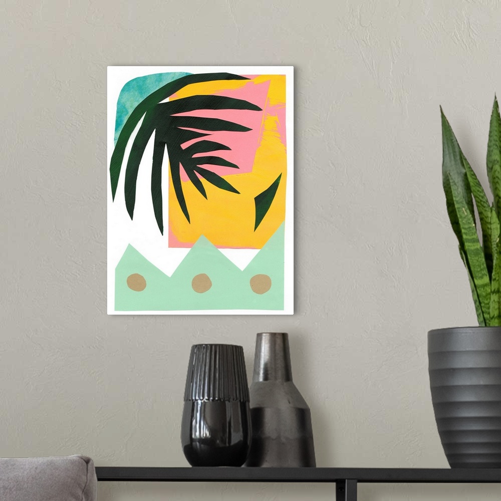 A modern room featuring Tropical cut paper abstract art with a modern vibe and a dark green leaf motif.